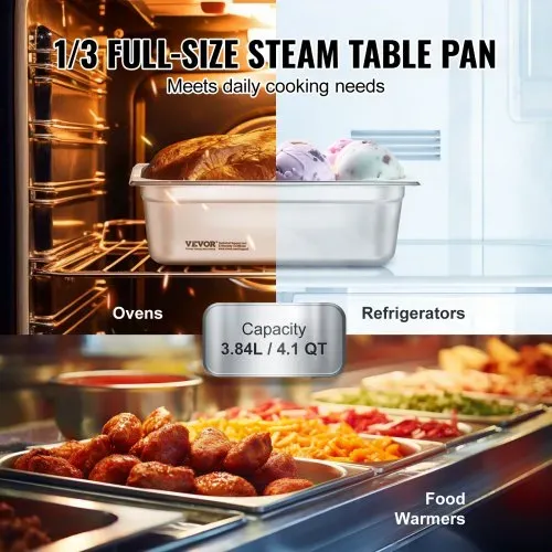 VEVOR Gastronormbehälter, Edelstahl Behälter 6 Stk. 1/3 Größe 326 x 177 x 99 mm Speisebehälter, kommerzieller Dampfpfanne Warmhaltebehälter 3,84 L Tiefe, Hotelpfanne Tisch Food Pan Buffet – Bild 2