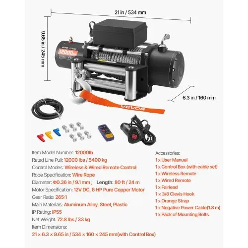VEVOR Elektrische Seilwinde, 5400 kg, 12 V DC Elektrowinde mit 24 m Stahlseil, kabellose & kabelgebundene Fernbedienung, IP55 Offroadwinde zum Abschleppen von SUV, Jeep, Anhänger, Boot, Geländewagen – Bild 6