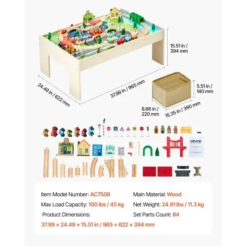 VEVOR Holz Aktivitätstisch, 84-teilig, mit zusammenklappbarem Aufbewahrungsbehälter, 3-in-1-Eisenbahnset zum Spielen, Malen, Lesen, Essen, kreatives Spielzeugset für Kinder ab 3 Jahren – Bild 6