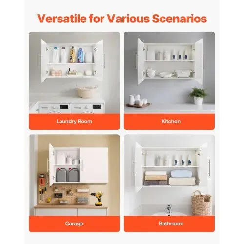 VEVOR Wandschrank für Waschküche, 2-stöckiger Wandhängeschrank mit verstellbarer Ablage, Küchenschrank mit 2 Türen, für Küche Bad Wäscherei, 40,6 x 91,4 x 61 cm (T x B x H), Oberschrank Weiß – Bild 6