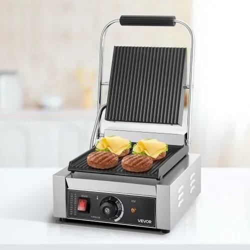 VEVOR kommerzieller Panini-Grill Kontaktgrill 1800 W für Sandwiches Steak Bacon Hamburger, Sandwichmaker Pressgrill aus Edelstahl mit Griff & Temperaturregelung & 22 x 23 cm Heizplatte, Paninipresse – Bild 7