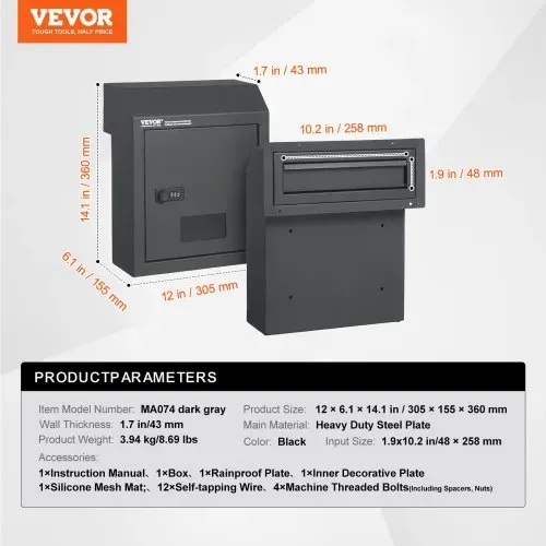 VEVOR Einbau-Türbriefkasten, 305 x 155 x 360 mm, Briefkasten für die Türdurchführung, 43 mm, robuster Stahl, Zahlencode-Schloss für Briefe, Schlüssel, Zuhause, Büro, Dunkelgrau – Bild 6