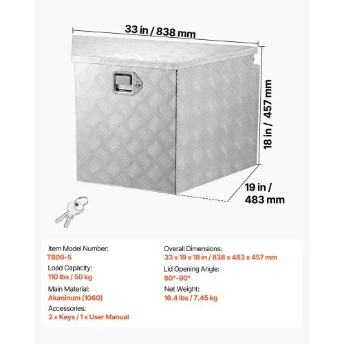 VEVOR Deichselbox Truckbox 838 x 483 x 457 mm aus Aluminium, 50 kg Belastbare Werkzeugaufbewahrungsbox mit Schloss & Schlüsseln, Anhängerbox für Pickup-Ladeflächen Wohnmobile SUVs Geländewagen, Silber – Bild 6