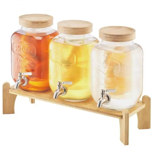 VEVOR Getränkespender (3 x 3,8 L) für Partys Saftspender (aus Glas) mit tropfsicherem Zapfhahn & Holzständer Wasserspender für Restaurants Partys, Limonade Eistee selbstgemachte Getränke Spender – Bild 8
