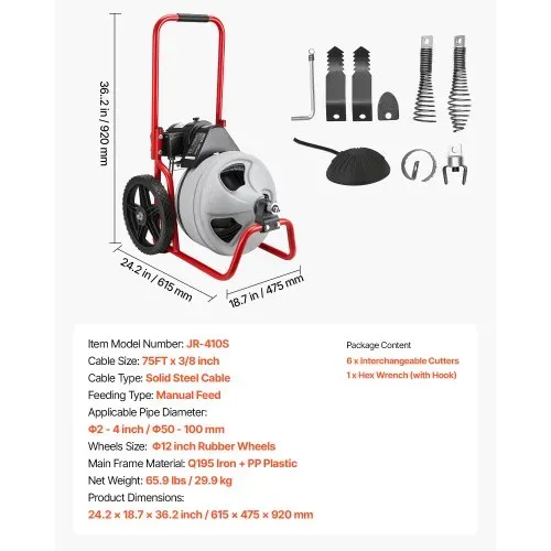 VEVOR Rohrreinigungsmaschine φ9,5 mm x 22 m, Reinigungsspirale mit Manueller Zufuhr, 6 Schneidwerkzeugen & Pneumatischem Fußschalter, Rohrreiniger für Rohrdurchmesser von 50 mm bis 100 mm – Bild 6