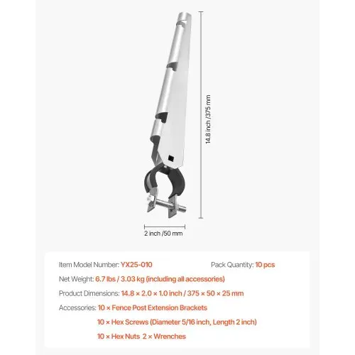 VEVOR Übersteigschutz Zaunerhöhung, 10er-Pack, Stacheldrahtabweiser 375 mm, Stacheldrahthalter für 3,3 cm bis 3,8 cm Maschendrahtzäune, Ω-Halterungsdesign, Stacheldrahtarm aus verzinktem Stahl – Bild 6