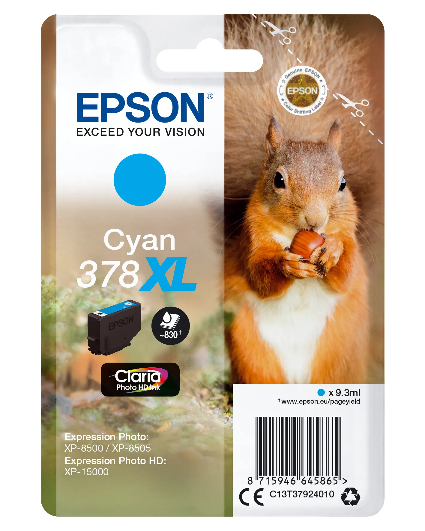 Epson Squirrel Singlepack Cyan 378XL Claria Photo HD Ink Epson Squirrel Singlepack Cyan 378XL Claria Photo HD Ink
