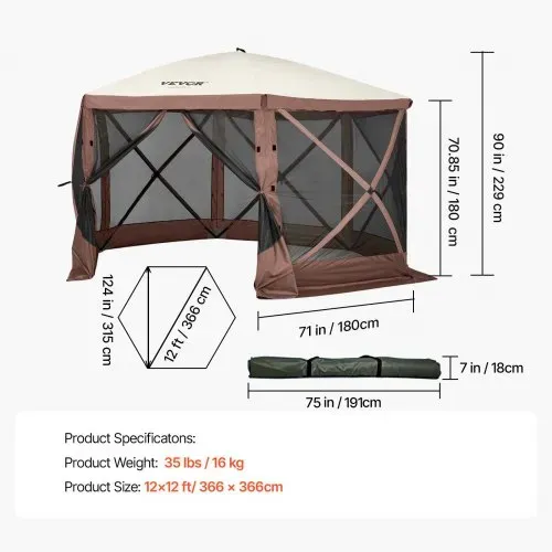 VEVOR Pavillon-Zelt, 3,6 x 3,6 m, 6-seitiges Pop-up-Camping-Überdachungszelt mit Netzfenstern, tragbarer Tragetasche, Erdnägeln, großen Schattenzelten für Camping im Freien, Rasen und Hinterhof – Bild 6