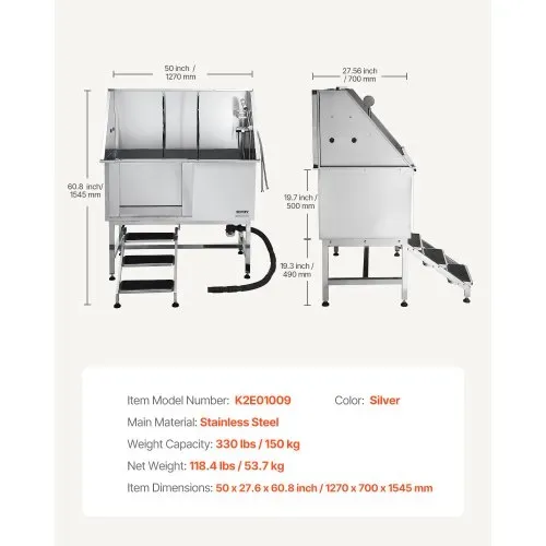 VEVOR Hundewaschstation Edelstahl, 1270x700x1545 mm Tierpflegewanne mit Treppe, PE-Wasserfilterplatte, Wasserhahn, Duschkopf & Seifenhalter, für große, mittelgroße & kleine Haustiere (linke Tür) – Bild 6