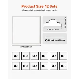 VEVOR Wandform-Set, 12er-Pack, 51×51 cm Stuckleisten aus Lackierbarem Polystyrol, Wasserfeste Wandleiste, Zierleiste für Wände, Friesleisten für Wohnzimmer, Schlafzimmer, Zuhause, Weiß VEVOR Wandform-Set, 12er-Pack, 51×51 cm Stuckleisten aus Lackierbarem Polystyrol, Wasserfeste Wandleiste, Zierleiste für Wände, Friesleisten für Wohnzimmer, Schlafzimmer, Zuhause, Weiß