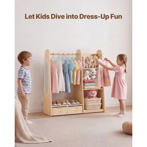 VEVOR Kinderkleiderschrank 98,5x40x106 cm, Kindergarderobe mit Spiegel Kleiderstange Ablagen, Verkleidungsschrank mit 2 Stoffschubladen für Mädchen, Kinderschrank für Kostüme Schlafzimmer, Naturholz VEVOR Kinderkleiderschrank 98,5x40x106 cm, Kindergarderobe mit Spiegel Kleiderstange Ablagen, Verkleidungsschrank mit 2 Stoffschubladen für Mädchen, Kinderschrank für Kostüme Schlafzimmer, Naturholz