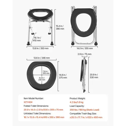 VEVOR Tragbare Campingtoilette 160 kg Belastbar, Faltbare Reisetoilette aus Edelstahl mit Weichem Sitz & Tücherhalter, Geeignet für Lkw-Fahrer Wohnmobilreisen Camping Autoreise Outdoor-Aktivitäten – Bild 6