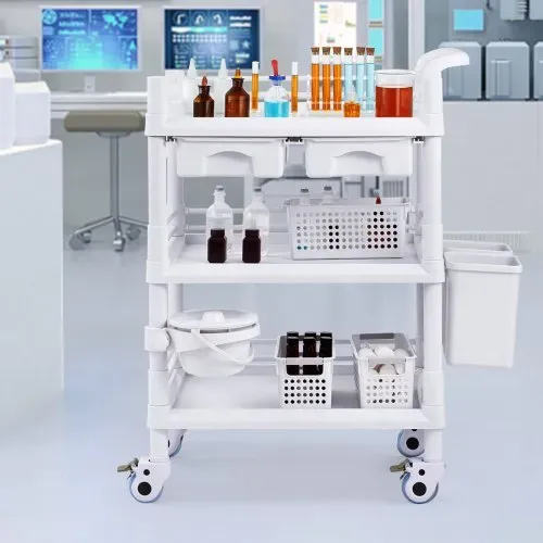 VEVOR Laborwagen mit 3 Ebenen, Laborwagen mit 3 Ablagen und 4 leisen Rädern, mobiler medizinischer Wagen aus PP-Material, Laborrollwagen mit 3 Mülleimern für Labor, Klinik, Krankenhaus, Salon, weiß – Bild 7