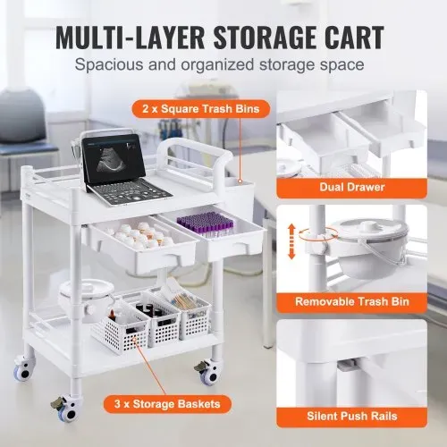 VEVOR Laborwagen mit 2 Ebenen, Laborwagen mit 2 Ablagen, 2 Schubladen und 4 leisen Rädern, mobiler medizinischer Wagen aus PP-Material, Laborrollwagen mit 3 Mülleimern für Labor, Klinik, Krankenhaus, Salon, weiß – Bild 4