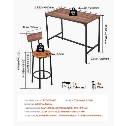 VEVOR Bartisch-Set (5-tlg.) mit 4 Barstühlen & abgerundeten Kanten, rechteckiger Kneipentisch Stehtisch (1200 x 600 x 915 mm), Bistrotisch Esstisch, geeignet für Büro Minibar Esszimmer Wohnzimmer – Bild 2