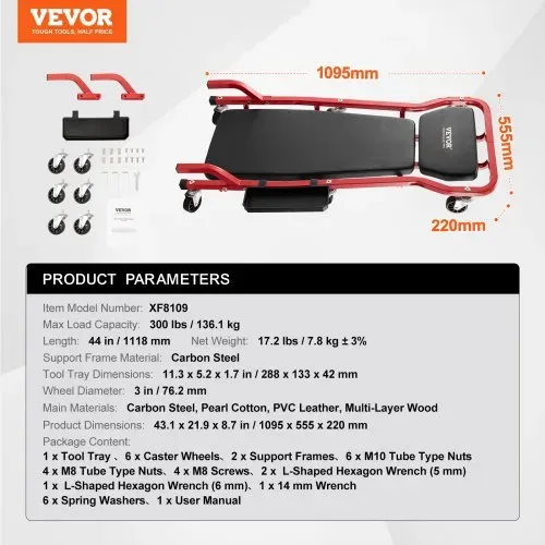 VEVOR Rollbrett für Mechaniker, 1118 mm, 136,1 kg Tragkraft, Rollbrett für Kraftfahrzeuge mit 6 Lenkrollen, verstellbarer, gepolsterter Kopfstütze, Werkzeugablage, robuster Stahlrahmen für Garagen, Reparaturwerkstätten und Heimwerker – Bild 6