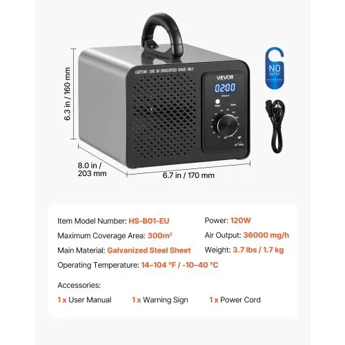 VEVOR Ozongenerator 36000mg/h, Industrielles Ozongerät mit 15s Startverzögerung 120min Timer & Drehgeberknopf, Ozonisator für Max. 300㎡, Ozon-Luftreiniger gegen Gerüche für Autos Hotels Wohnungen – Bild 6