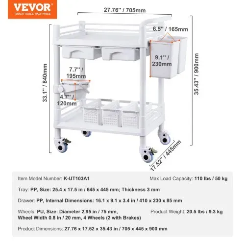 VEVOR Laborwagen mit 2 Ebenen, Laborwagen mit 2 Ablagen, 2 Schubladen und 4 leisen Rädern, mobiler medizinischer Wagen aus PP-Material, Laborrollwagen mit 3 Mülleimern für Labor, Klinik, Krankenhaus, Salon, weiß – Bild 6