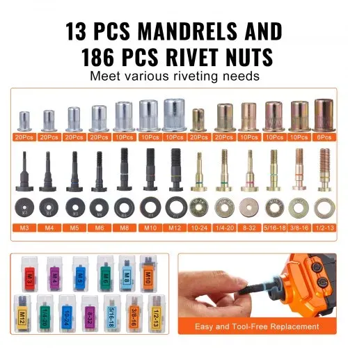 VEVOR Nietmutternzange-Set Blindnietmutternzange 410 mm, Nietenzange 13 Sätze von Muttern & Dornen, Nietmutterwerkzeug M3 M4 M5 M6 M8 M10 M12 Profi Handnietzange, Nietmaschine Gewinde Nieten – Bild 3