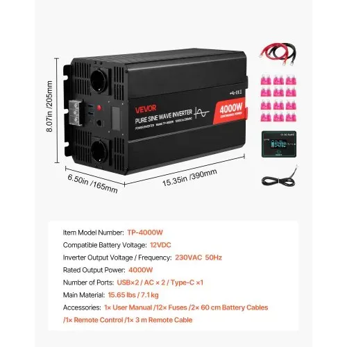 VEVOR 4000 W Wechselrichter, 12 V DC auf 230 V AC, reiner Sinus-Wechselrichter, mit LCD-Display, Fernbedienung, 2 USB-Anschlüssen, 2 AC-Steckdosen, Typ-C-Anschluss, für RV, LKW im Freien – Bild 6