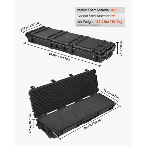 VEVOR Waffenkoffer mit Hartschale für Langwaffen, abschließbarer Gewehrkoffer mit abnehmbarem XPE-Schaum, Langwaffenkoffer Waffenaufbewahrung rollbar IP67 wasserfest, 134,1 x 42,5 x 18 cm Schwarz – Bild 2