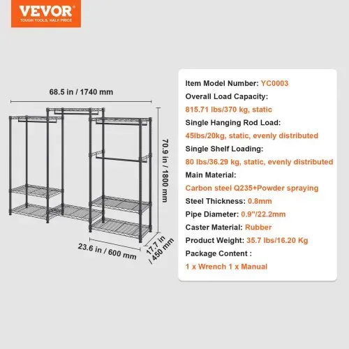 VEVOR Mobiler Kleiderständer Garderobenständer 362 kg Belastbar, Freistehender Kleiderständer 174x180x45 cm 3 Kleiderstangen, Multifunktional 8-lagig, für Schlafzimmer, Wäscheraum, Ankleidezimmer – Bild 6