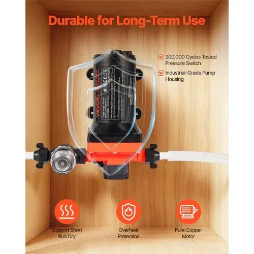 VEVOR Membranpumpe, 12 V DC, 22,7 L/min, selbstansaugende 4-Kammer-Membranwasserpumpe mit automatischem Druckschalter, 4,8 bar Druck, für Wohnmobil, Wohnwagen, Schiff, Yacht, Autowäsche – Bild 4