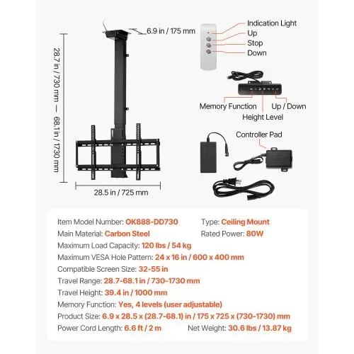 VEVOR Motorisierte TV Wandhalterung Halterung für 813 bis 1397 mm Fernseher, elektrischer Verstellbarer herunterklappbarer Ständer mit max. VESA 60 x 40 cm, passend für Fernseher bis zu 54 kg – Bild 6