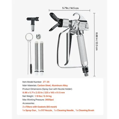 VEVOR Airless-Farbspritzpistole 3600 psi Hochdruck-Airless-Farbspritzpistole mit 517-Düse, Drehgelenk-Airless-Spritzpistolen-Set mit Filtern, Reinigungsnadel und Bürste, für Airless-Spritzmaschine – Bild 6