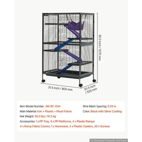 VEVOR Kleintierkäfig Metall Frettchenkäfig Kleintiergehege 80x52x127 cm, Frettchen Chinchillas Gleithörnchen Meerschweinchen & Kaninchen 5-Stöckig 13,97 mm Drahtabstand Feststellbare Schwenkrolle – Bild 6
