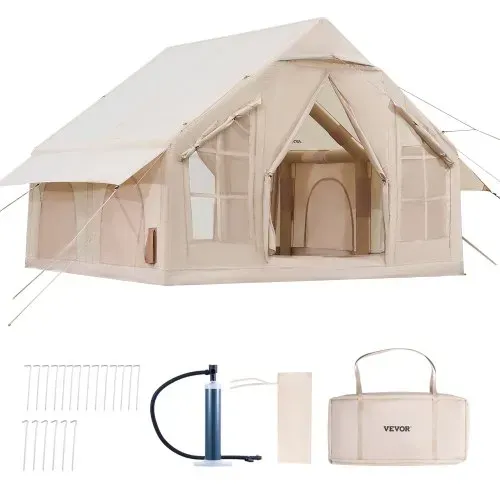 VEVOR Aufblasbare Zelte für Camping 3x3x2,3 m, 4–6 Personen, 300D Oxford 4-Jahreszeiten-Glamping-Zelt mit Handpumpe, Ofenanschluss, 2 Türen & 4 Netzfenstern, inkl. Aufbewahrungstasche für Transport – Bild 8