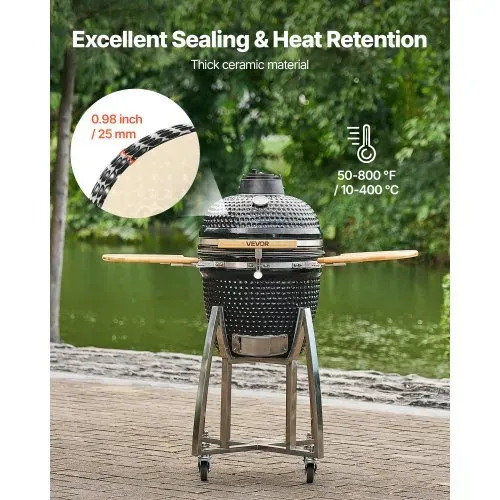 VEVOR Kamado Grill, Keramikgrill, Smoker Ø 450 mm, mit Holzgriffen, Seitenablagen, Metallstand mit Rollen & Thermometer bis 400°C, oberer & unterer Luftstrom, für BBQ, Grillen, Kochen & Backen Outdoor – Bild 2