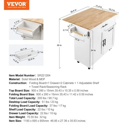 VEVOR Servierwagen Küchenwagen 1190 x 695 x 905 mm, 90,7 kg Belastbar Kücheninsel Küchenschrank, Rollwagen Küchentrolley mit Handtuchhalter & 1 Schubalde, Mikrowellenschrank Küchenrollwagen Massivholz – Bild 6