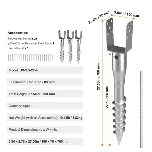 VEVOR U-Pfostenträger 4er-Pack 100 x 70 x 700 mm DIY-Pfostenpfosten zum Einschrauben inkl. 6 Zugankern und einer Bewehrungsstange U-förmiger Pfostenhalter ideal für Briefkastenpfosten und Zaunpfosten – Bild 6