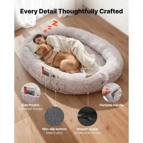 VEVOR Hundebett für Menschen & Hunde, 176x122x24 cm, Memory-Schaum-Hundebett in Menschengröße, mit Seitentasche, Griff & Reißverschluss, abnehmbarer, maschinenwaschbarer Bezug, Hochflor, Grau – Bild 3