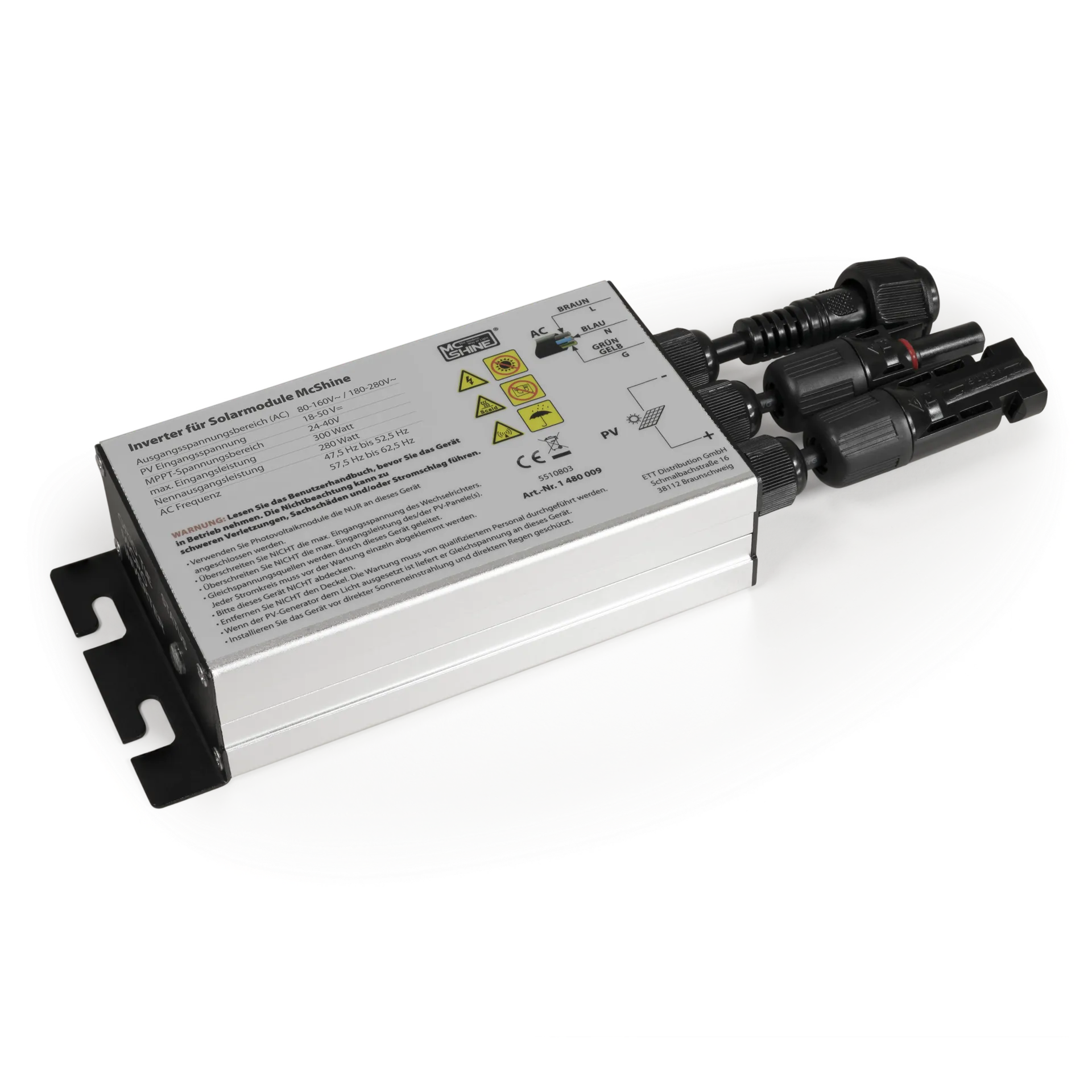 Wechselrichter für Solarmodule McShine, 300W, 5m Kabel Wechselrichter für Solarmodule McShine, 300W, 5m Kabel