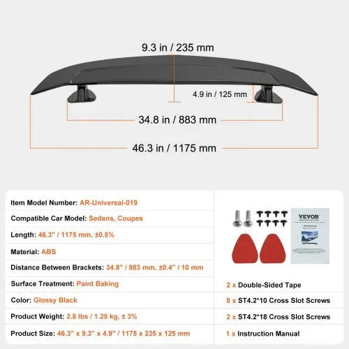VEVOR GT Wing Autospoiler, 117,6 cm Universalspoiler, Kompatibel mit den meisten Limousinen und Coupés, Hochfestes ABS-Material, Auto Heckspoilerflügel, Racing Spoiler BGW/JDM Drift Glänzend Schwarz – Bild 6