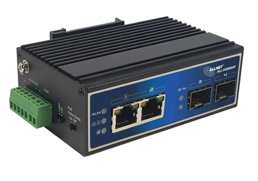 ALLNET switch industrial unmanaged Layer2 4 Port GbE • PoE Budget 180W • 2x PoE bt • 2x SFP • Lüfterlos • DIN • ALL-SGI8004P ALLNET switch industrial unmanaged Layer2 4 Port GbE • PoE Budget 180W • 2x PoE bt • 2x SFP • Lüfterlos • DIN • ALL-SGI8004P