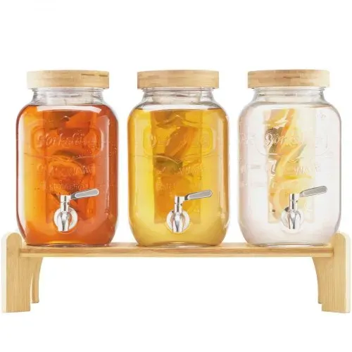 VEVOR Getränkespender (3 x 3,8 L) für Partys Saftspender (aus Glas) mit tropfsicherem Zapfhahn & Holzständer Wasserspender für Restaurants Partys, Limonade Eistee selbstgemachte Getränke Spender – Bild 9