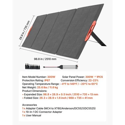 VEVOR Monokristalline Solarmodule 300W Faltbar, ETFE-Solarpanel-Ladegerät mit MC4-Ausgang & 10-in-1-DC-Adaptern, IP67 Wasserdicht, Balkonkraftwerk für Powerstations, Camping, Wandertouren – Bild 6