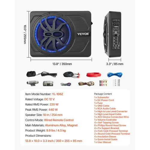 VEVOR Untersitz Auto Subwoofer 440 W 254 mm schlanker Auto Subwoofer unter dem Sitz Subsystem mit eingebautem Verstärker, Hoch-/Niedrigpegel-Eingang und Lautstärkeregler für SUVs Lkws – Bild 6