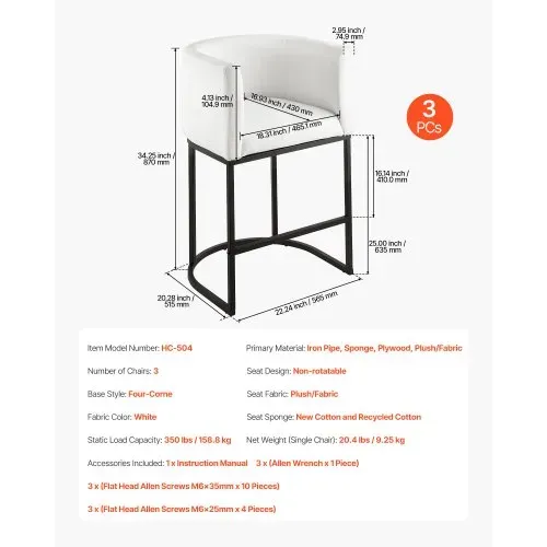 VEVOR Barhocker Thekenhocker 3 Stk. (87 cm hoch) Küchenstuhl mit Rückenlehne & Armlehne & Metallrahmen & Fußstütze, Bistrostuhl (158,8 kg belastbar) Küche Esszimmer Bankschalter Bar, Weiß – Bild 6