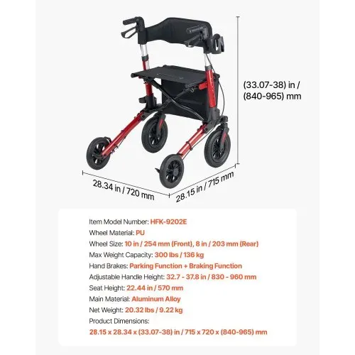 VEVOR Rollator 3-Fach Faltbar mit Sitz, Leichter Gehwagen mit 4 Reifen, Gehhilfe bis 136 kg mit Rückenlehne Tasche Gehstockhalter, Höheverstellbare Laufhilfe mit Feststellfunktion für Senioren, Rot – Bild 6