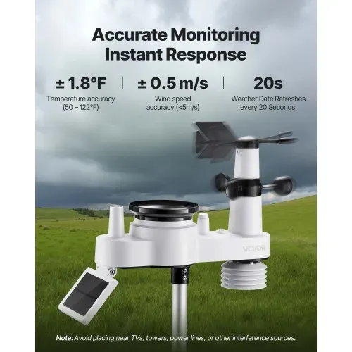 VEVOR 7-in-1-Wetterstation Funk, 7,5-Zoll-Display, solarbetriebener Außensensor, Regenmesser, für Wettervorhersage, Temperatur, Luftfeuchtigkeitsmesser, Windgeschwindigkeit & -richtung (kein WLAN) – Bild 2