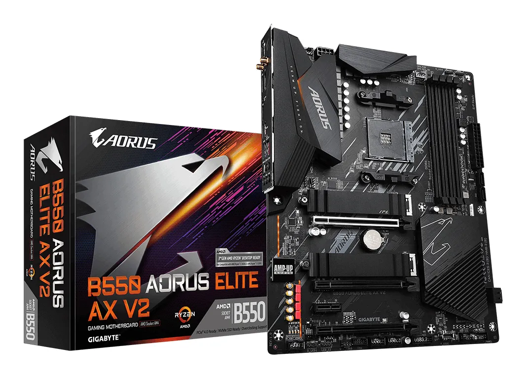 GIGABYTE B550 AORUS ELITE AX V2 Mainboard – AMD Ryzen 5000 CPUs, 12+2 Phasen VRM, bis zu 4733 MHz DDR4, 1xPCIe 4.0 + 1xPCIe 3.0 M.2, Wi-Fi 6E, 2.5GbE LAN, USB 3.2 Gen 2 GIGABYTE B550 AORUS ELITE AX V2 Mainboard – AMD Ryzen 5000 CPUs, 12+2 Phasen VRM, bis zu 4733 MHz DDR4, 1xPCIe 4.0 + 1xPCIe 3.0 M.2, Wi-Fi 6E, 2.5GbE LAN, USB 3.2 Gen 2