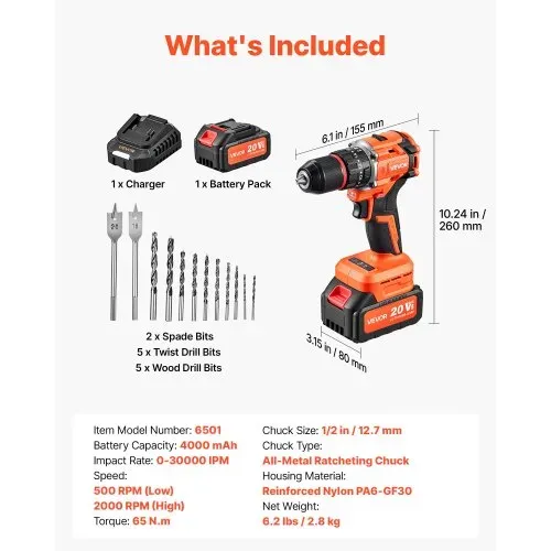 VEVOR Akku-Schlagbohrschrauber 20V 12,7mm 30.000IPM 500U/min/2.000 U/min, zum Bohren in Holz & Metall sowie zum Schrauben, 4000-mAh-Lithium-Ionen-Akku & Ladegerät, mit Ganzmetall-Bohrfutter, 65 Nm – Bild 6