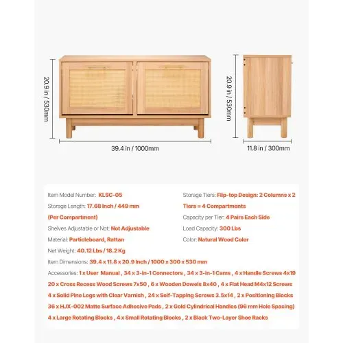 VEVOR Schuhregalbank Schuhbank (100 x 30 x 53 cm), Rattan-ähnliche Eingangsbank mit 2 Klappschubladen, Schuhregal mit 4 Fächern & 2 Rattantüren (136 kg belastbar), für Flur Wohnzimmer Schlafzimmer – Bild 6
