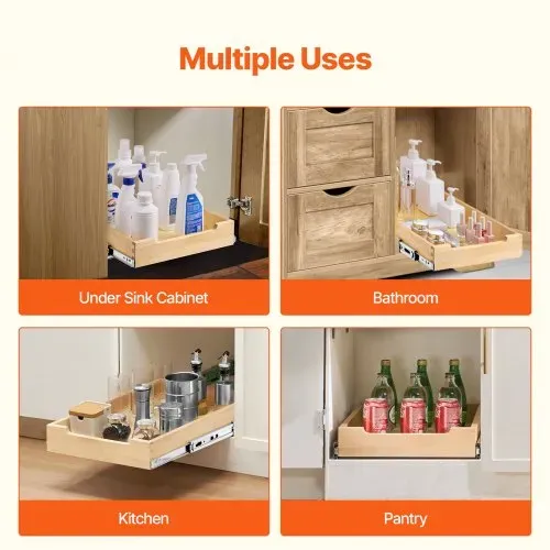 VEVOR Ausziehbarer Schrank-Organizer Schrankschublade Regal (356 x 533 x 76 mm) mit sanftem Schließmechanismus, Holz-Schiebeschublade Unter- und Seitenmontage, für Küche Speisekammer Badezimmer – Bild 5