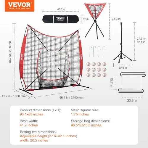 VEVOR 244 x 106 x 211 cm Baseball-Softball-Übungsnetz, Tragbares Baseball-Trainingsnetz zum Schlagen, Fangen, Pitchen, Backstop-Ausrüstung mit Bogenrahmen, Tragetasche, Schlagzone, Bällen, Ballsammler – Bild 6