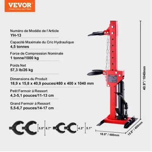 VEVOR 4.5 Tonnen KFZ Werkzeug Hydraulischer Federspanner 1 Tonne Nenndruckkraft Federbeinspanner 11-13cm & 14-17cm Federverschluss Federbein Spanner mit auslaufsicherer Hydraulikpumpe – Bild 6